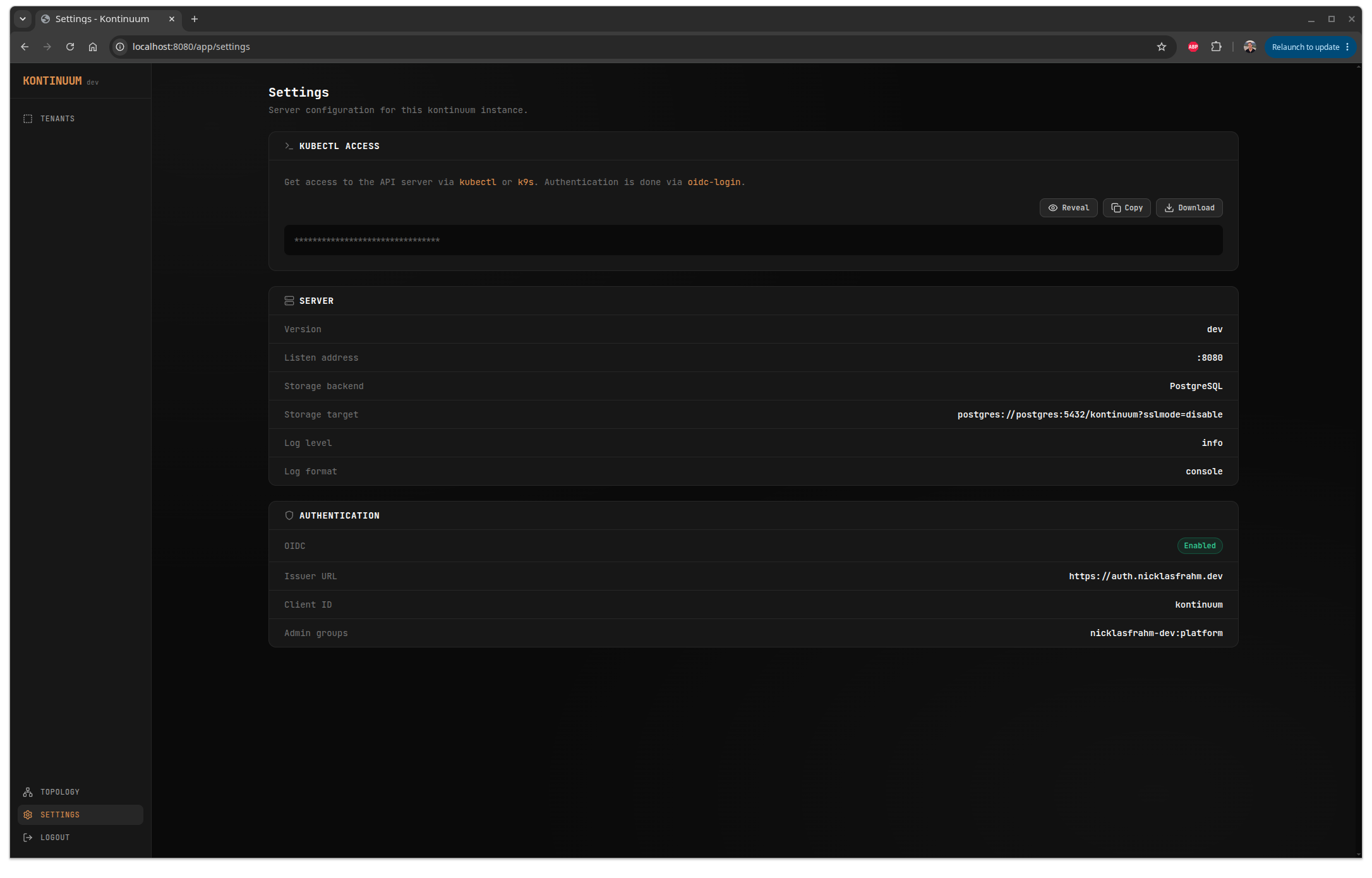 Settings view